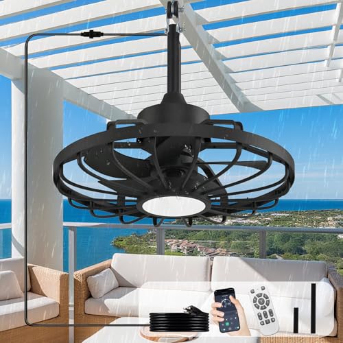 Depuley 20-Inch Black Outdoor Hanging Ceiling Fan with Light & App Remote - Waterproof Gazebo Fan with Reversible DC Motor