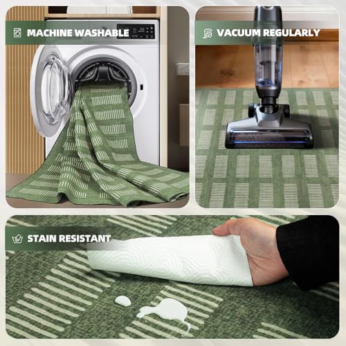 Sage Green 8x10 Washable Area Rug - Soft Faux Wool Retro Carpet with Non-Slip Backing