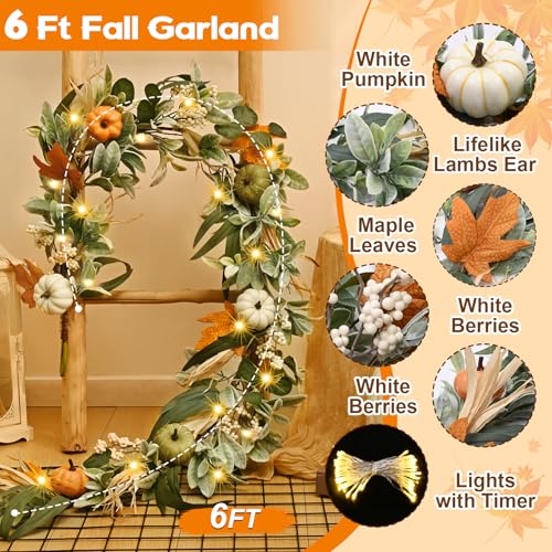 Green Fall Garland with Lights - 6 Ft Eucalyptus & Pumpkin Decor Set - 2 Pcs