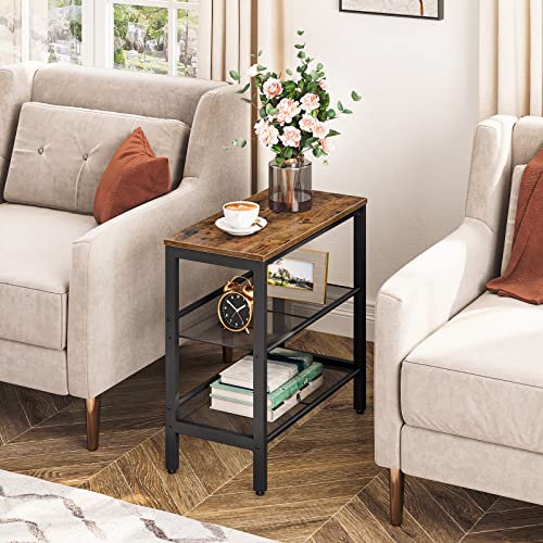 HOOBRO Rustic Brown & Black 3-Tier Narrow End Table with Adjustable Shelves