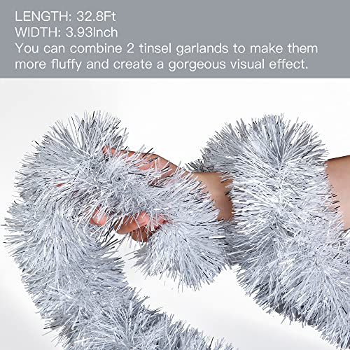 Sggvecsy 32.8Ft Christmas Tinsel Garland Xmas Tree Decorations Christmas Silver & White Metallic Twist Garland Ceiling Hanging Decorations for New Year Party Birthday Holiday Indoor Outdoor Supplies