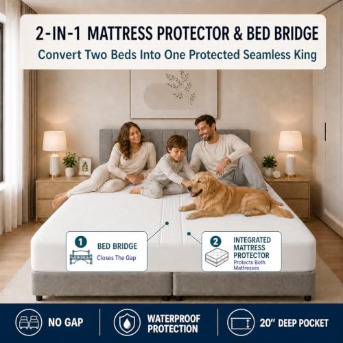 Mattress Protector Bed Bridge for Split King Adjustable Bed - Twin XL to King Conversion - Removable Foam Insert Included