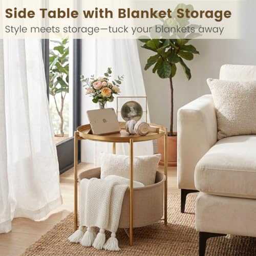 danpinera Gold Side Table with Removable Basket & Tray, Small Round Living Room Accent
