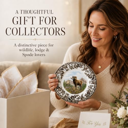 Spode Woodland Bighorn Sheep Salad Plate 8" - British Flowers Border, Rustic Game Animal, Made in England