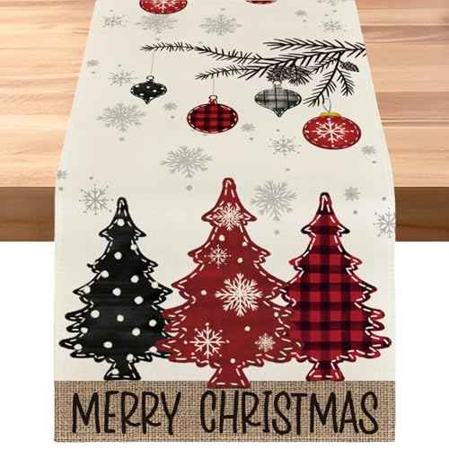 Red Pine Trees Merry Christmas Table Runner, Snowflake Table Runner, Seasonal Winter Decoration for Home Kitchen Dining Holiday Decor 13x72 Inch
