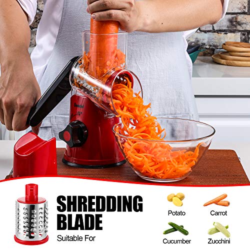 Geedel Red Rotary Cheese Grater Hand Crank with 3 Blades for Cheese & Vegetables