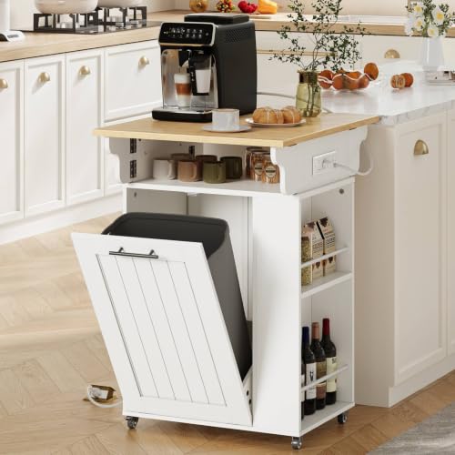HOOBRO Kitchen Island with Trash Can Storage & Power Outlets, Rolling Drop Leaf Cart, White & Natural