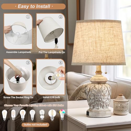 19.5" Vintage Rustic Farmhouse Table Lamps Set of 2 with Pull Chain & USB Ports, White Finish