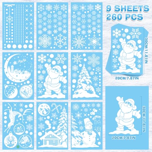 Snowflakes Christmas Window Clings 260PCS White Xmas Window Sticker Santa Claus Reindeer Xmas Decals for Holiday Decorations Party Supplies Glass Window