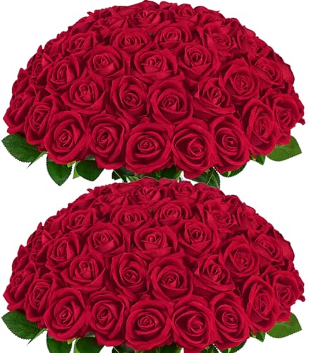 50Pcs Red Artificial Roses Bouquet - Real Touch Velvet Fake Flowers with Bendable Stems