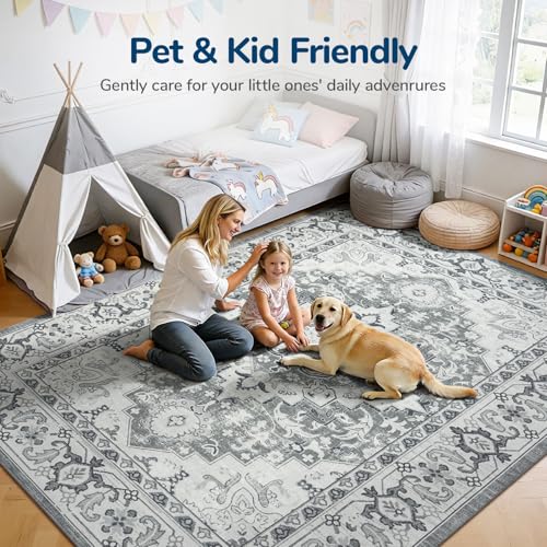 Grey Beige 9x12 Area Rug - Large Machine Washable Vintage Floral Carpet for Living Room