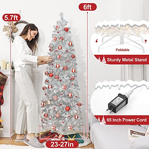 Decoway 6ft Slim Christmas Tree with 200 Warm White LEDs – Pre-lit, Silver