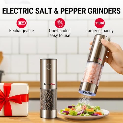 Rechargeable Electric Salt and Pepper Mill Set - Silver, 6 Coarseness Settings, Large Capacity