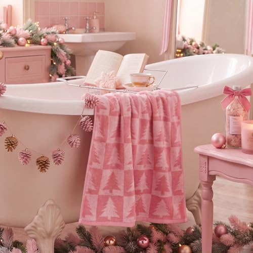 Batiyeer 2 pcs Christmas Tree Pink Checkered Bath Towels 27.5 x 55 Inch - Festive Holiday Gift Set