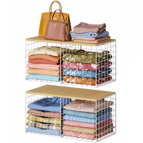 Stackable Closet Organizers with Wood Top - 2 Pack for Clothes & Shoes