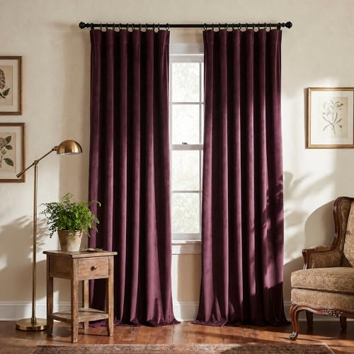 Dark Burgundy Velvet Blackout Curtains 52W x 84L - 2 Panels, Thermal Insulated
