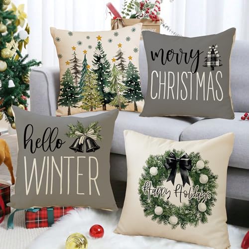 Christmas Forest Throw Pillow Covers Set 18x18 Inch - Pack of 4 - Holiday Home Decor