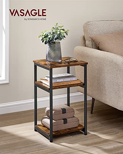 VASAGLE Rustic Brown & Ink Black Small End Table with 3 Tiers - Modern Steel Frame Nightstand