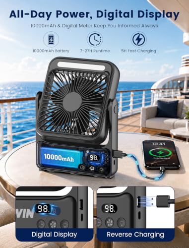 Magnetic Cruise Approved Portable Fan with Night Light, 10000mAh Travel Fan - 4 Speeds, USB Rechargeable, Compact & Quiet