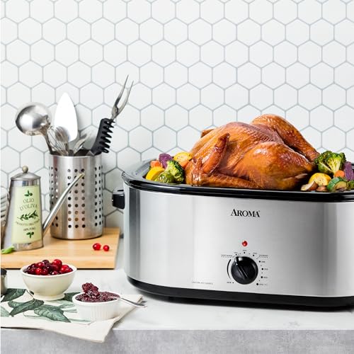 AROMA 22 Qt. Silver Roaster Oven with Self-Basting Lid - Stainless Steel