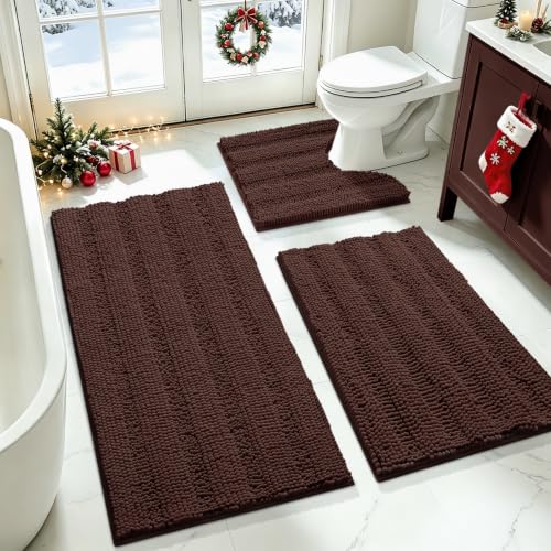 ACCUMTEK Brown Striped Bathroom Rug Set 3 Pieces - Ultra Soft Non-Slip Chenille Mats, U-Shape Contour & Small Bath Rugs, 2'8"x1'8"+2'x1'5"