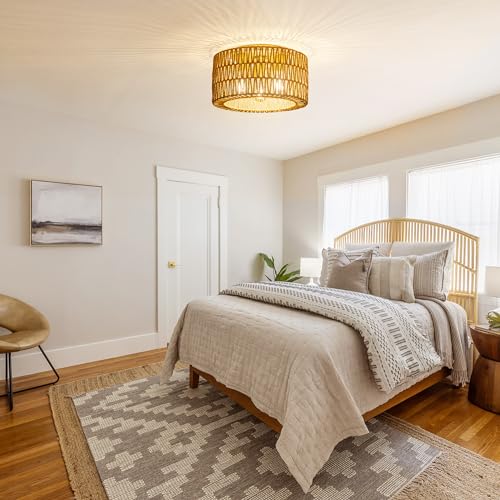 Gold 3-Light Rattan Ceiling Light Fixture Boho Woven Flush Mount for Bedroom Living Room