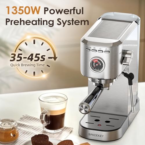 Spacekey Silver Espresso Machine with Milk Frother, 20 Bar Compact Coffee Maker for Home, 39oz Water Tank, Fast Heating