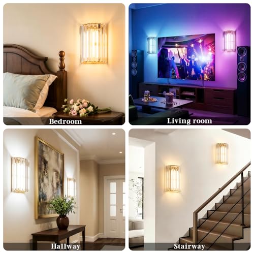 Keep Shinning Gold Wireless Wall Sconces Set of Two with Remote, RGB & Dimmable CCT for Bedroom Living Room Hallway