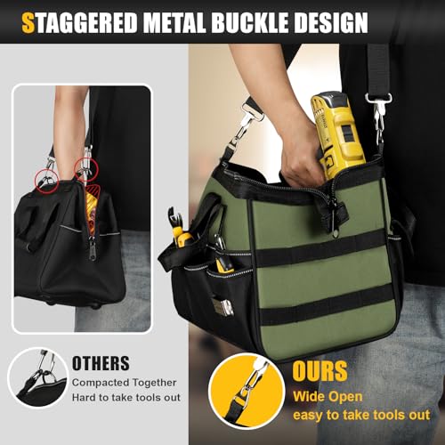 Green 15.5-Inch Heavy Duty Tool Bag with 16 Pockets & Adjustable Shoulder Strap