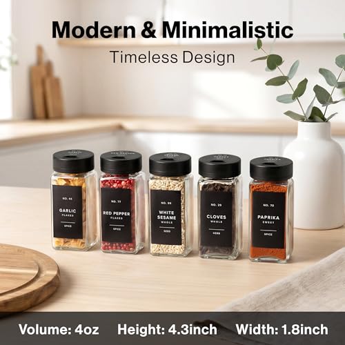 Glass Spice Jars Set with Labels & Black Lids - 24 x 4oz, Adjustable Opening