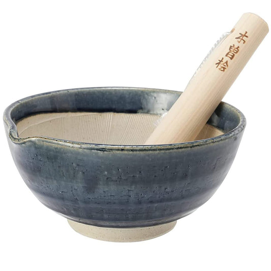 TIKUSAN Ceramic Ripple Ridge Mortar & Pestle (Suribachi & Surikogi) Set with Spout Made in Japan Mino Ware (Medium Black)
