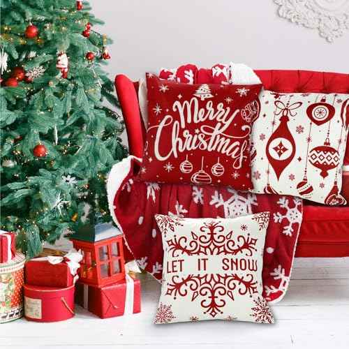 YUJUN 4 Pack Christmas Pillow Covers Decoration,18x18in Buffalo Plaid Farmhouse Red Christmas Winter Throw Pillows Cushion Case Couch Decor for Christmas Home Outdoor Decorations