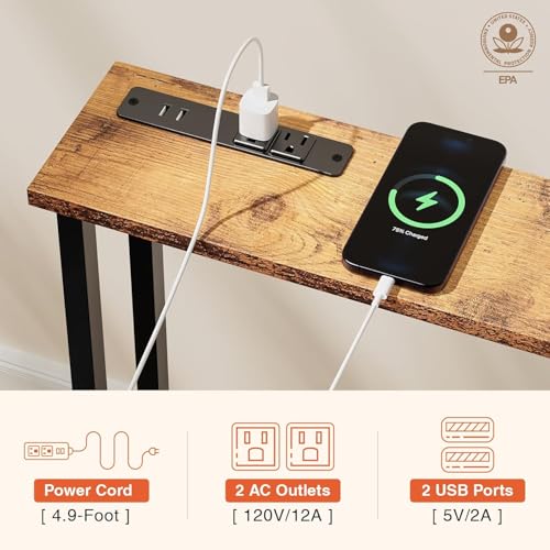 Narrow Sofa Table with Power Outlets & USB Ports - Rustic Brown, 90 inch