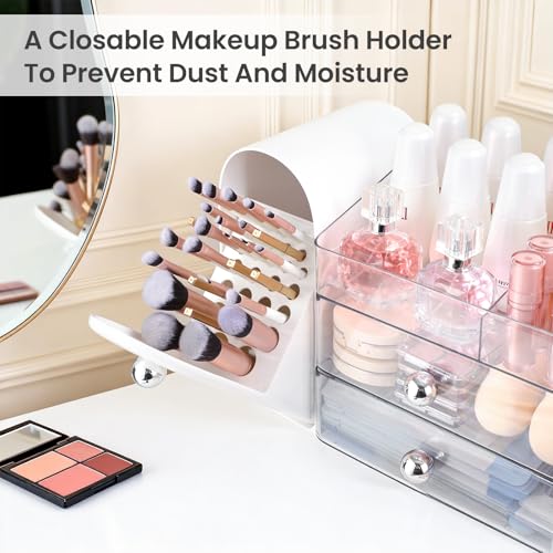 White Makeup Organizer with Brush Holder, Large Capacity, Dustproof - TRQWRO