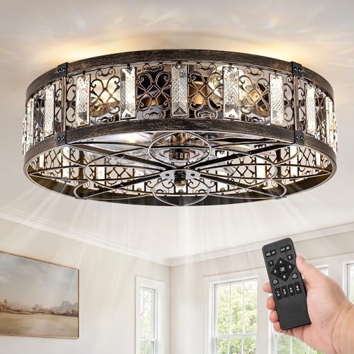 LEDIARY 20-Inch Black and Gold Caged Flush Mount Vintage Ceiling Fan with Remote