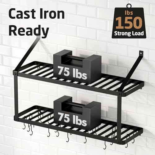 Heavy-Duty Wall Mount Pot Rack with Lid Holder - 34 Inch Black Kitchen Organizer