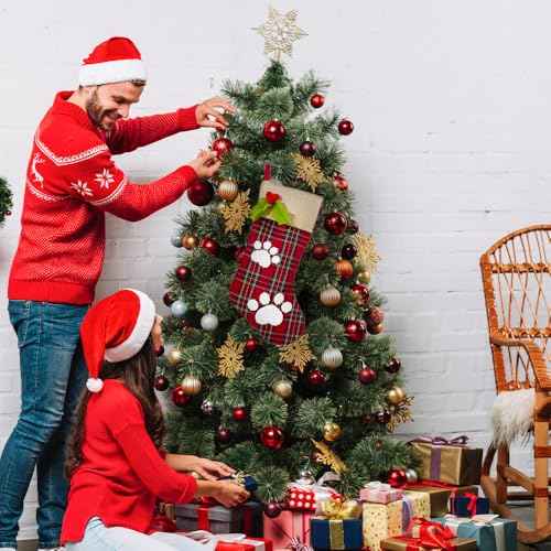 Christmas Stockings with Paw Ornaments, Xmas Burlap Stockings for Fireplace, Large Red Buffalo Plaid Stocking Decorations, Winter Fireplace Hanging Stockings for Home Christmas
