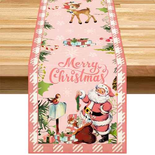 Vintage Christmas Table Decorations Pink Santa Claus Table Runner 72 Inches for Winter Holiday Christmas Table Decorations