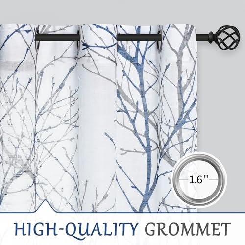 FMFUNCTEX Blue & White Linen Semi-Sheer Tree Branch Curtains, 84 Inch, Pack of 2, Branch Variation