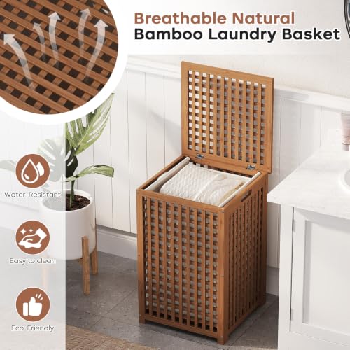 Walnut Laundry Hamper with Lid - 120L Bamboo Clothes Basket with Removable Liner