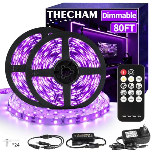 THECHAM 80ft Black Light LED Strip with Remote, Dimmable & Cuttable - Indoor Party & Body Paint Lighting