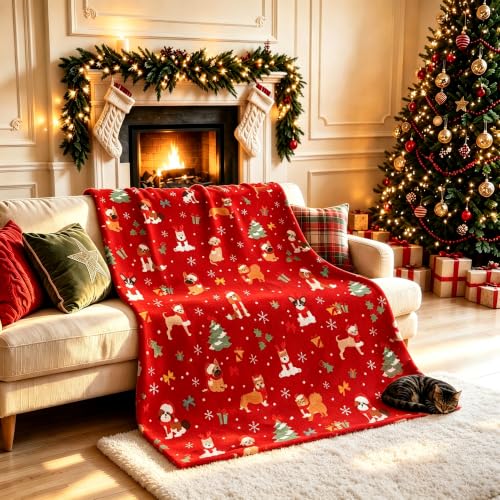 Christmas Puppies Fuzzy Fluffy Throw Blanket 50x60 Cozy Holiday Decor