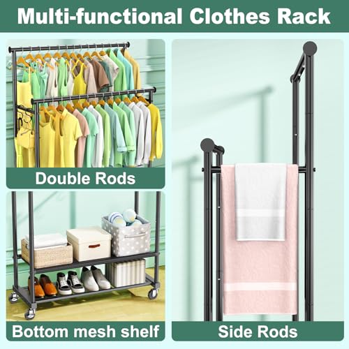 Heavy Duty Double Rod Clothes Rack with Wheels - Black, 65-Inch Garment Organizer with Shelves