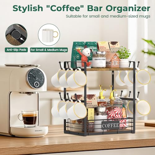 EsLuker.ly Vintage Brown & Black 2-Tier Coffee Mug Holder Tree with 12 Hooks – Countertop Organizer & Display Rack