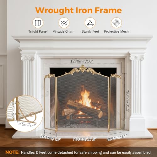 BEAMNOVA Gold Fireplace Screen 50x32 in Baroque Decorative Metal Mesh