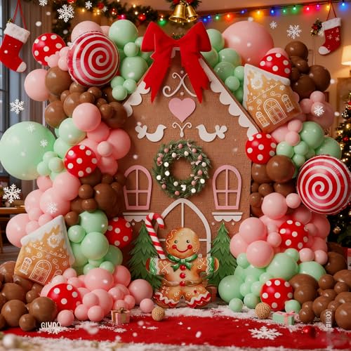 GIHOO Red Brown Christmas Gingerbread Balloon Arch Kit 146pcs Holiday Decor