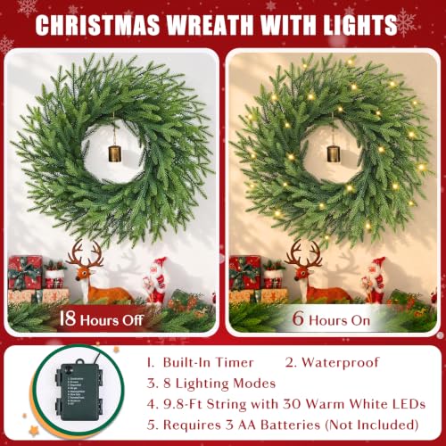 2 Pcs 24 Inch Christmas Wreath with Lights for Front Door (2 Pack) Yastouay