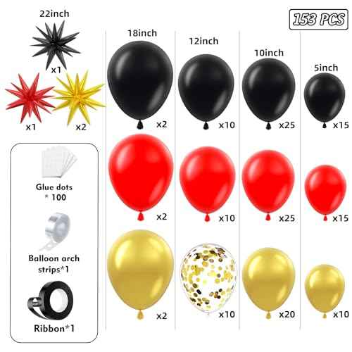 153Pcs Red and Black Gold Balloons Garland Arch Kit with Stars - 22 18 12 10 5 inch Different Latex Balloons for Anniversary Casino Night Hollywood New Years Movie Night Prom Party Decorations