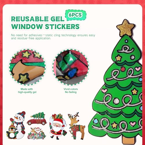 Christmas Window Clings, 15"X9" Reusable Static Cling Gel Window Stickers Holiday D?cor,Christmas Window Stickers Includes Santa Claus Snowman Xmas Tree,Removable Window Sticker, 6 pcs