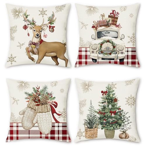 Bonhause Christmas Throw Pillow Covers 18x18 Inch Reindeer Xmas Tree Truck Gloves Red Winter Holiday Decorative Polyester Linen Cushion Cases for Outdoor Sofa Couch Decor Set of 4